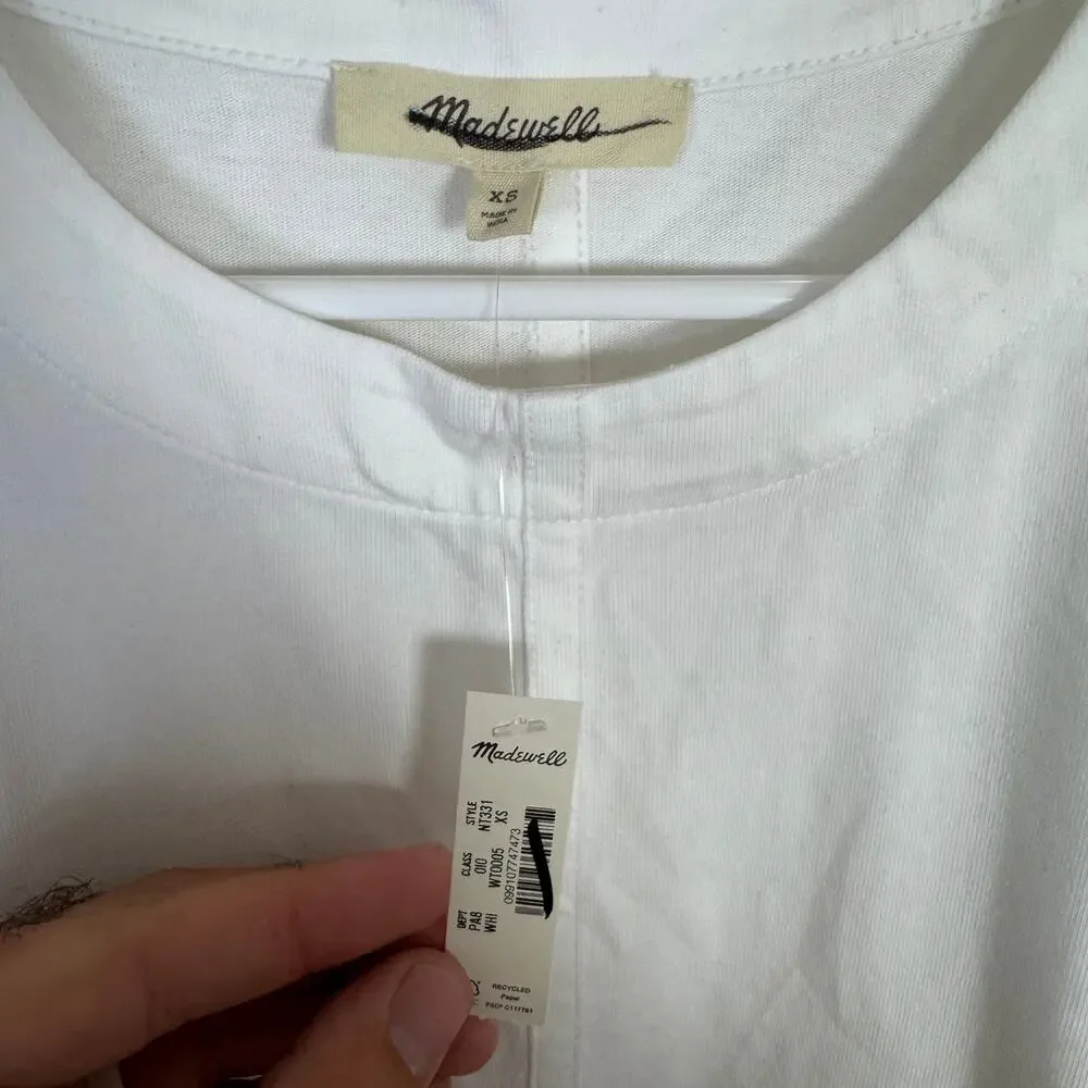Madewell Puff-Sleeve Tee WMNS XS White Crew Neck Cotton Relaxed Fit Ruffle Trim